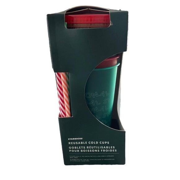 Starbucks Coffee Reusable Cold Cups Holiday Set 5 Green Red Striped Straws - Picture 1 of 4